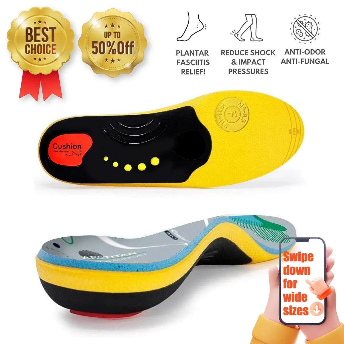 High Arch Support Orthotic Insoles for Men Women,Plantar Fasciitis Insoles,Work Boot Insoles for Standing All Day,Shock Absorbing Heavy Duty Support Relief Foot Pain,Orthotic Flat Feet,Heightening Insole,Chef,Food Service,Shoe Inserts,Sweat Footwear