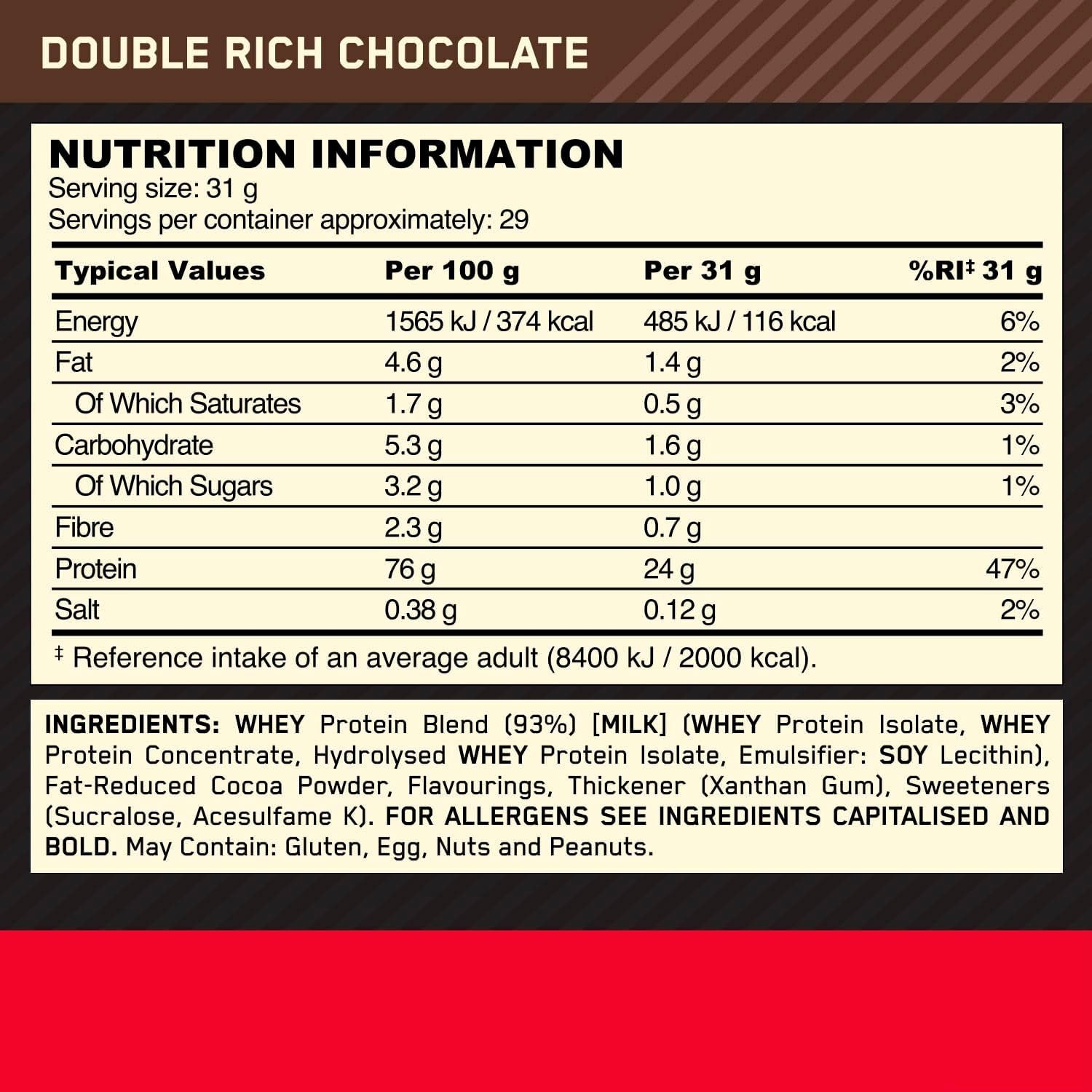Gold Standard Whey Protein, Muscle Building Powder with Naturally Occurring Glutamine and Amino Acids, Double Rich Chocolate, 29 Servings, 899 G, Packaging May Vary