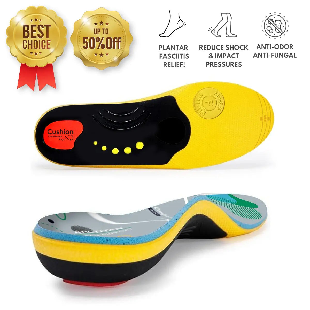 High Arch Support Orthotic Insoles for Men Women,Plantar Fasciitis Insoles,Work Boot Insoles for Standing All Day,Shock Absorbing Heavy Duty Support Relief Foot Pain,Orthotic Flat Feet,Heightening Insole,Chef,Food Service,Shoe Inserts,Sweat Footwear