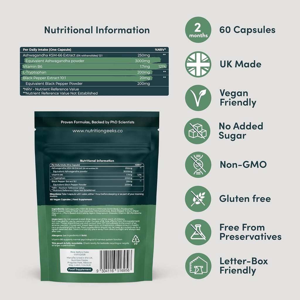 Ashwagandha KSM 66 Complex – 3000Mg Enhanced with L-Tryptophan & Vitamin B6 (2 Month Supply) – Ashwagandha High Strength Capsules with 250Mg Extract (Not Gummies or Powder) - Vegan, UK Made