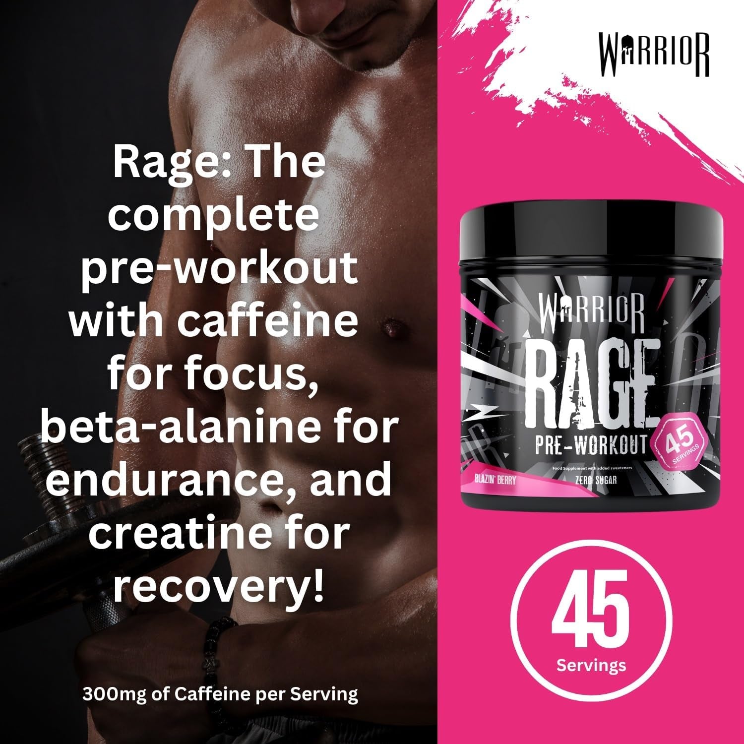 Rage Pre Workout Powder 392G (45 Servings) – 300Mg Caffeine High Stim Energy Drink Supplement + Beta-Alanine, Creatine, BCAA, Taurine, Citrulline & Arginine AAKG for Muscle – Blazin' Berry